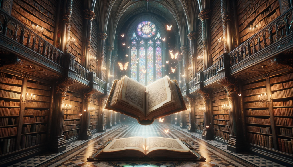 Ein Buch, das in einer mystischen Bibliothek schwebt und von leuchtenden Schmetterlingen umgeben ist.