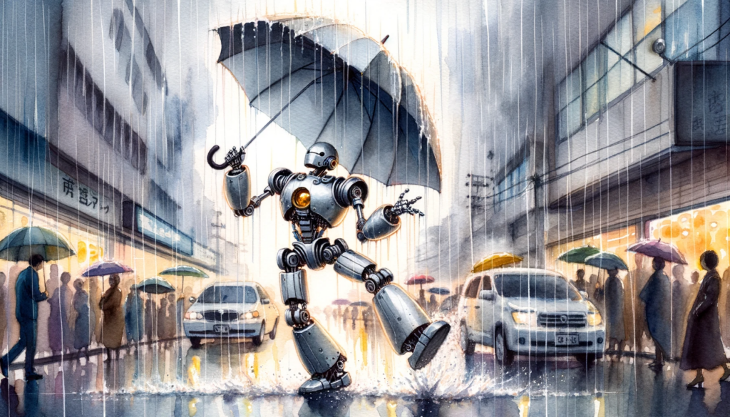 Ein Roboter mit einem Regenschirm, der in einem Wolkenbruch tanzt.